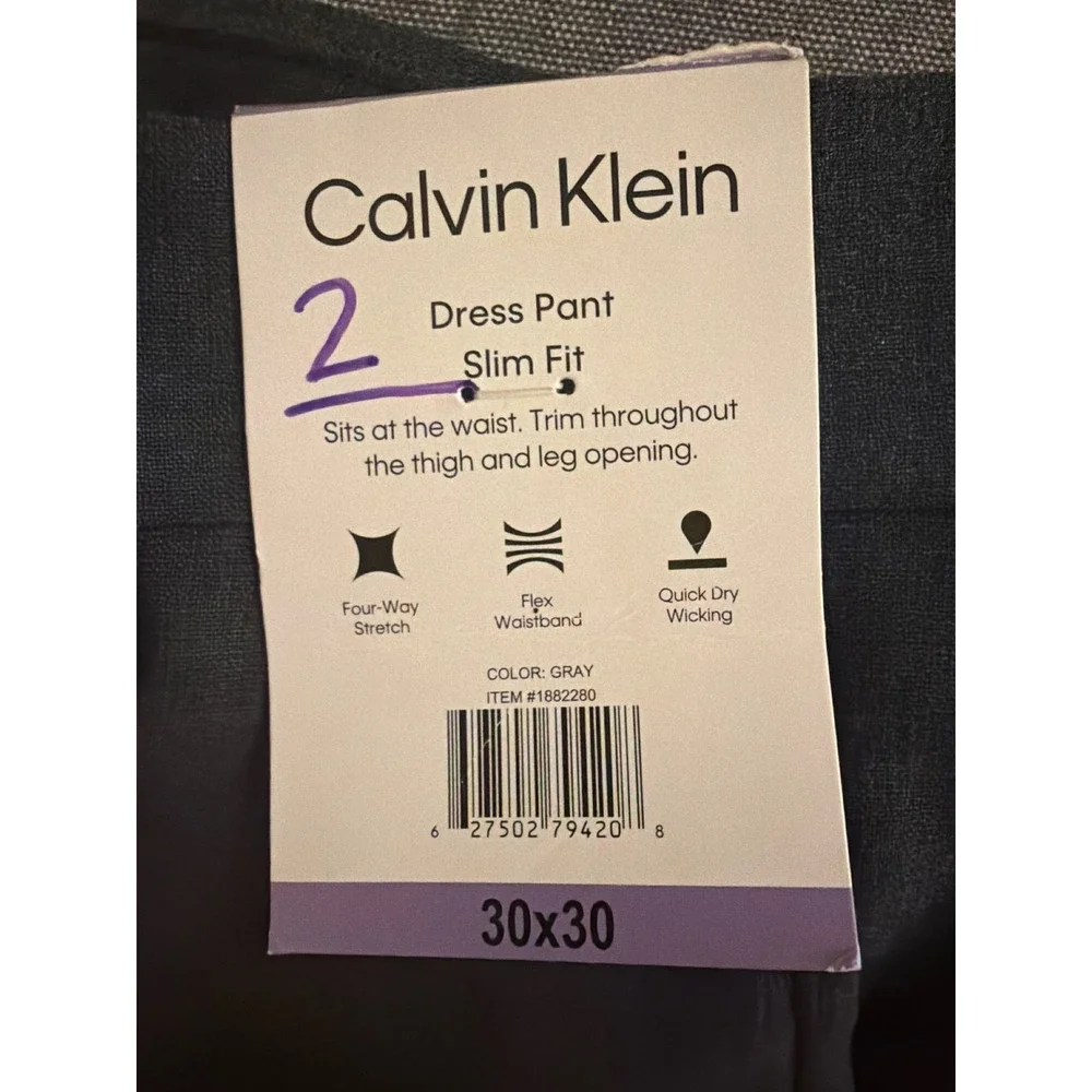 Calvin Klein Men Slim Fit Dress Pants Gray 30x30 Four-Way Stretch Flex Waistband